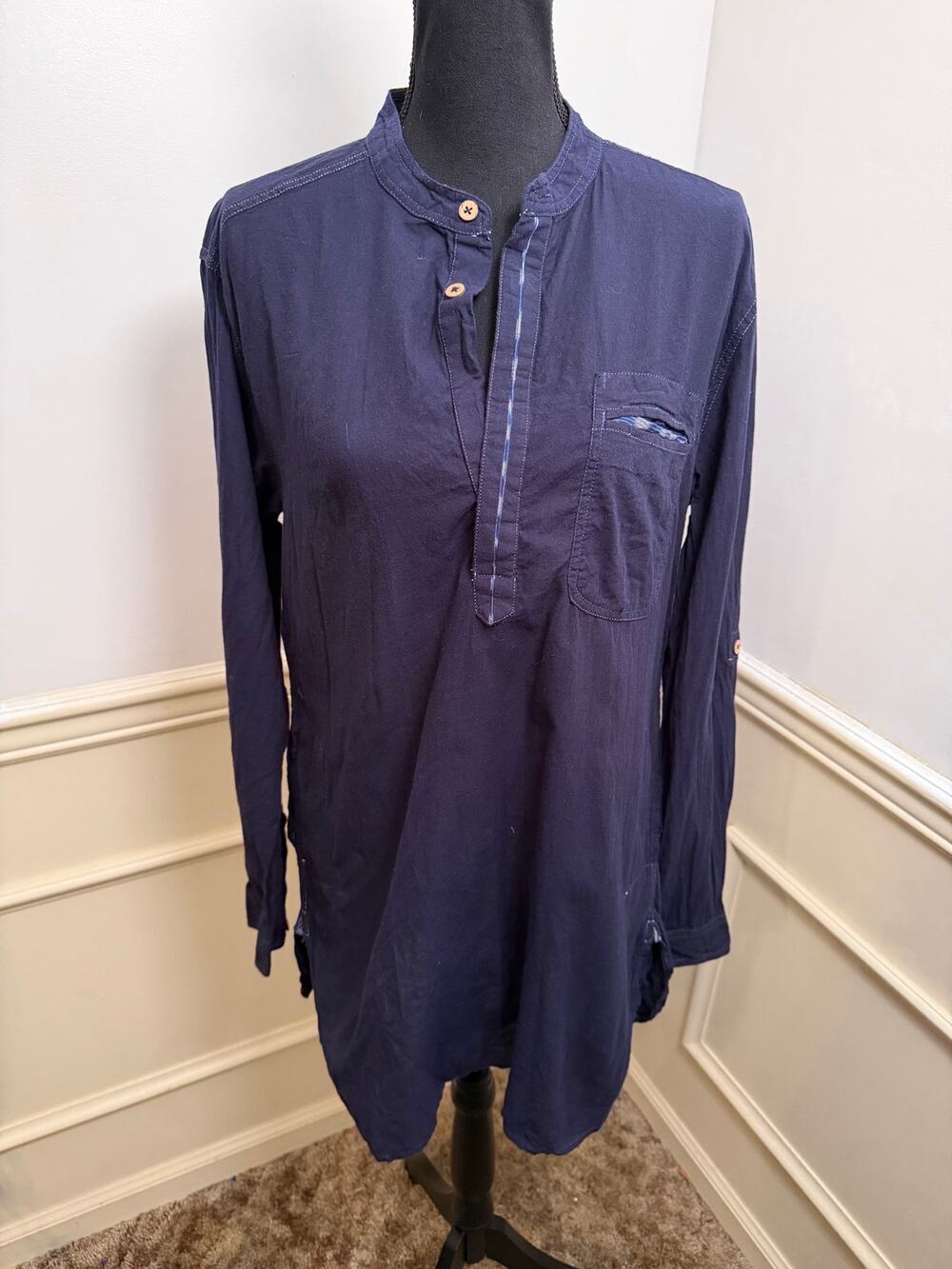 Fabindia Men's 100% Cotton Long Tunic Kurta Shirt Navy Blue Pockets Lagenlook